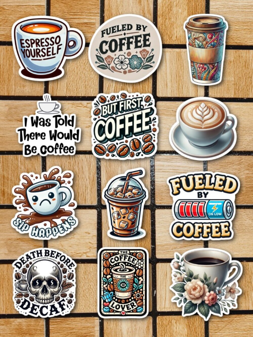 Funny Coffee Sticker Pack of 12 Vinyl Stickers Waterproof Die Cut Sticker Set